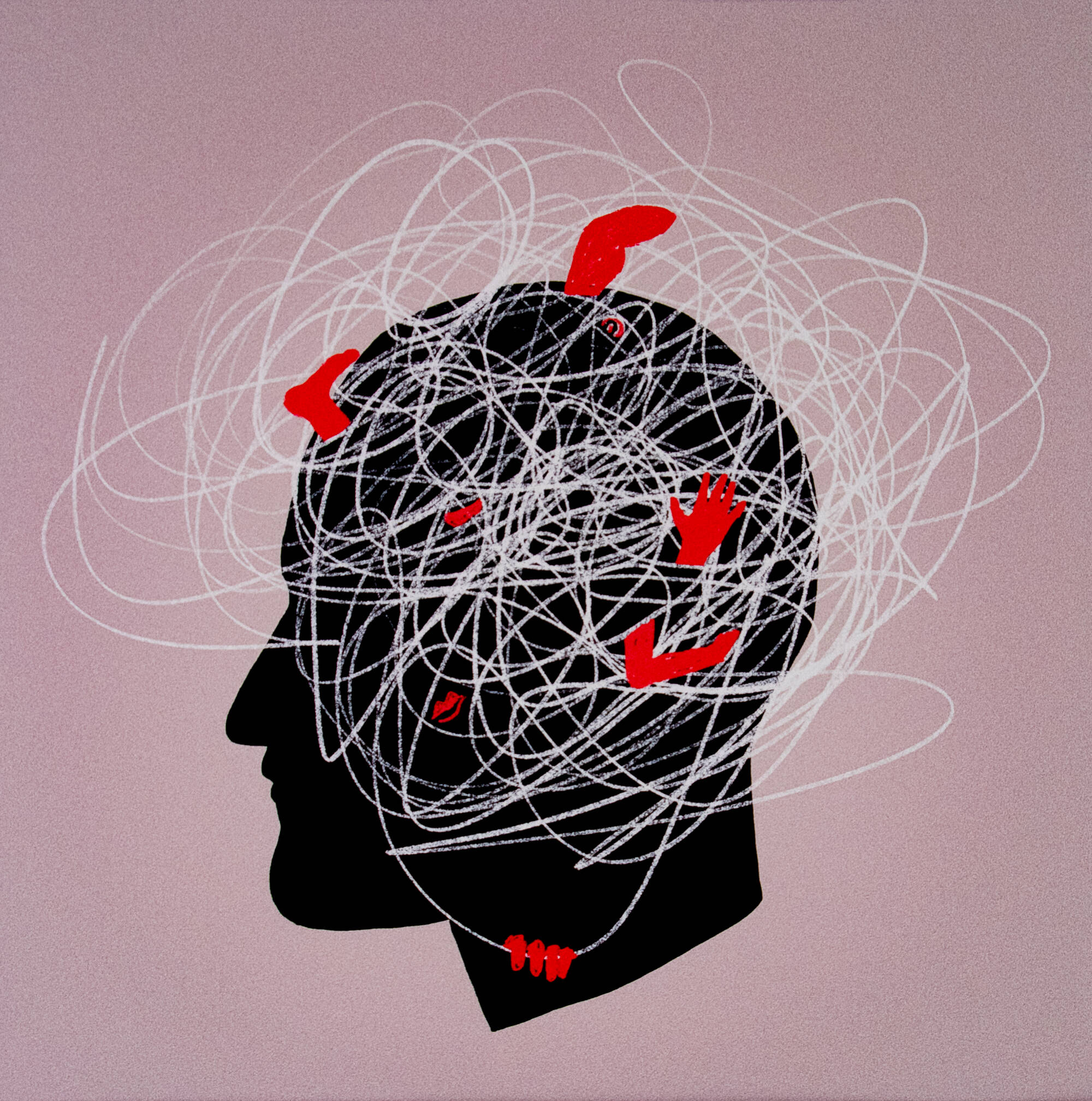 Digital drawing of a side profile outline of a face with white scribbles and small red shapes all over it.